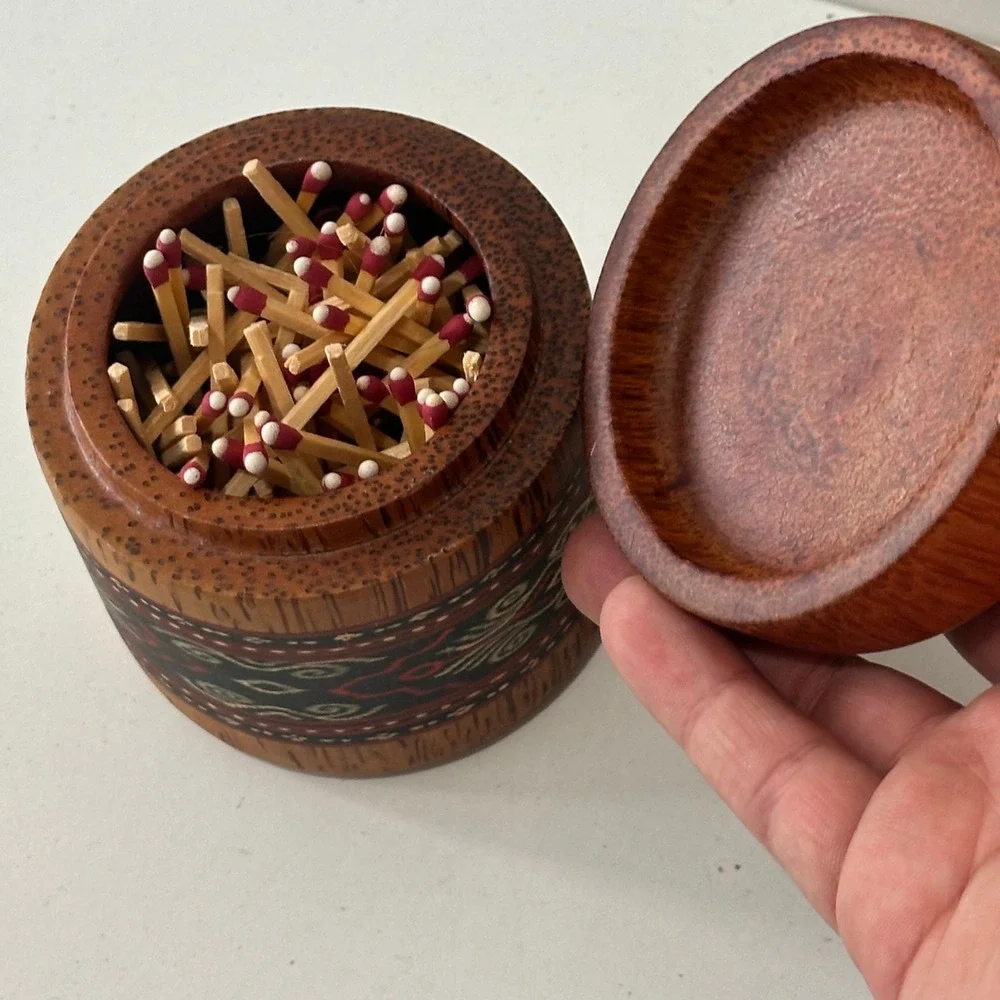 Vintage Wooden Trinket Box Match Holder Ornate Textile Inlay Lid Container‎